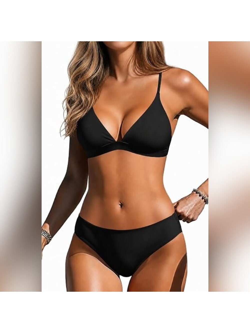 NWT Yonique Two Piece V Neck Criss Cross Back Bikini Swimsuit, Black, S (4-6)